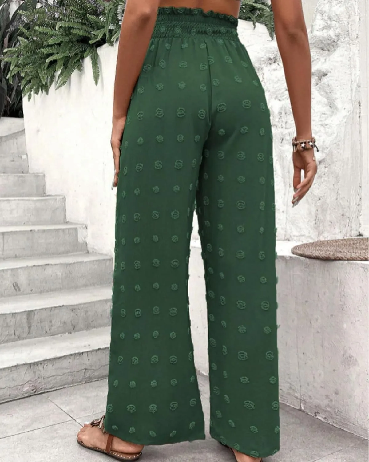 Women's Jacquard Wide Leg Pants with Pockets 2025 Spring Elegant High Waist Adjustable Knot Casual Loose Trousers