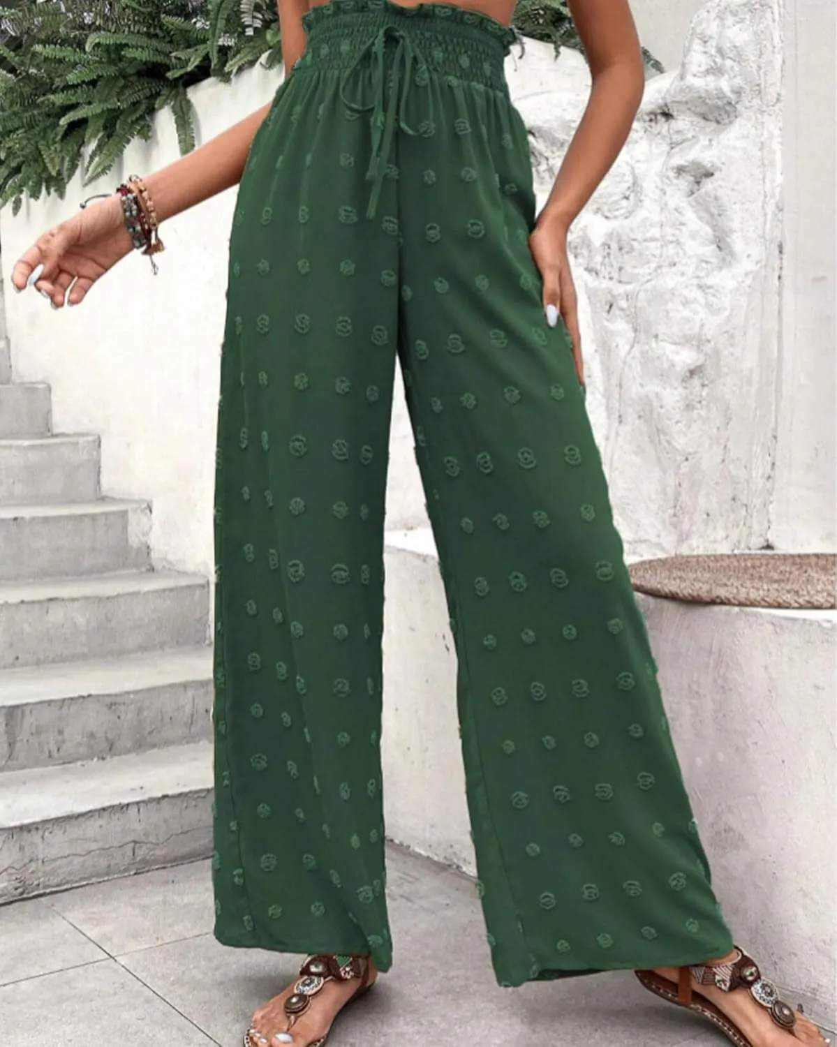 Women's Jacquard Wide Leg Pants with Pockets 2025 Spring Elegant High Waist Adjustable Knot Casual Loose Trousers