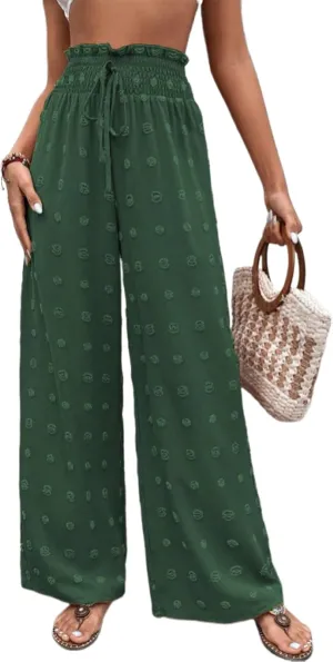 Women's Jacquard Wide Leg Pants with Pockets 2025 Spring Elegant High Waist Adjustable Knot Casual Loose Trousers