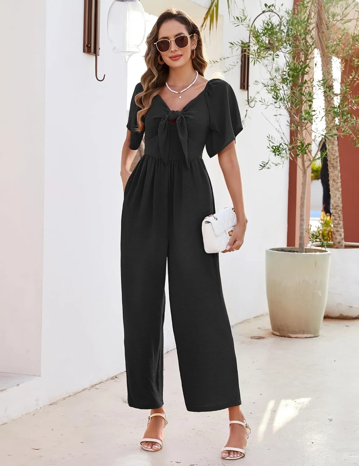 Womens Jumpsuits Dressy Casual Spring Summer Deep V Neck Elegant Bow tie Romper Ruffle Sleeve One Piece Outfits