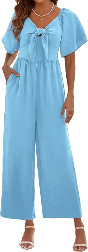 Womens Jumpsuits Dressy Casual Spring Summer Deep V Neck Elegant Bow tie Romper Ruffle Sleeve One Piece Outfits