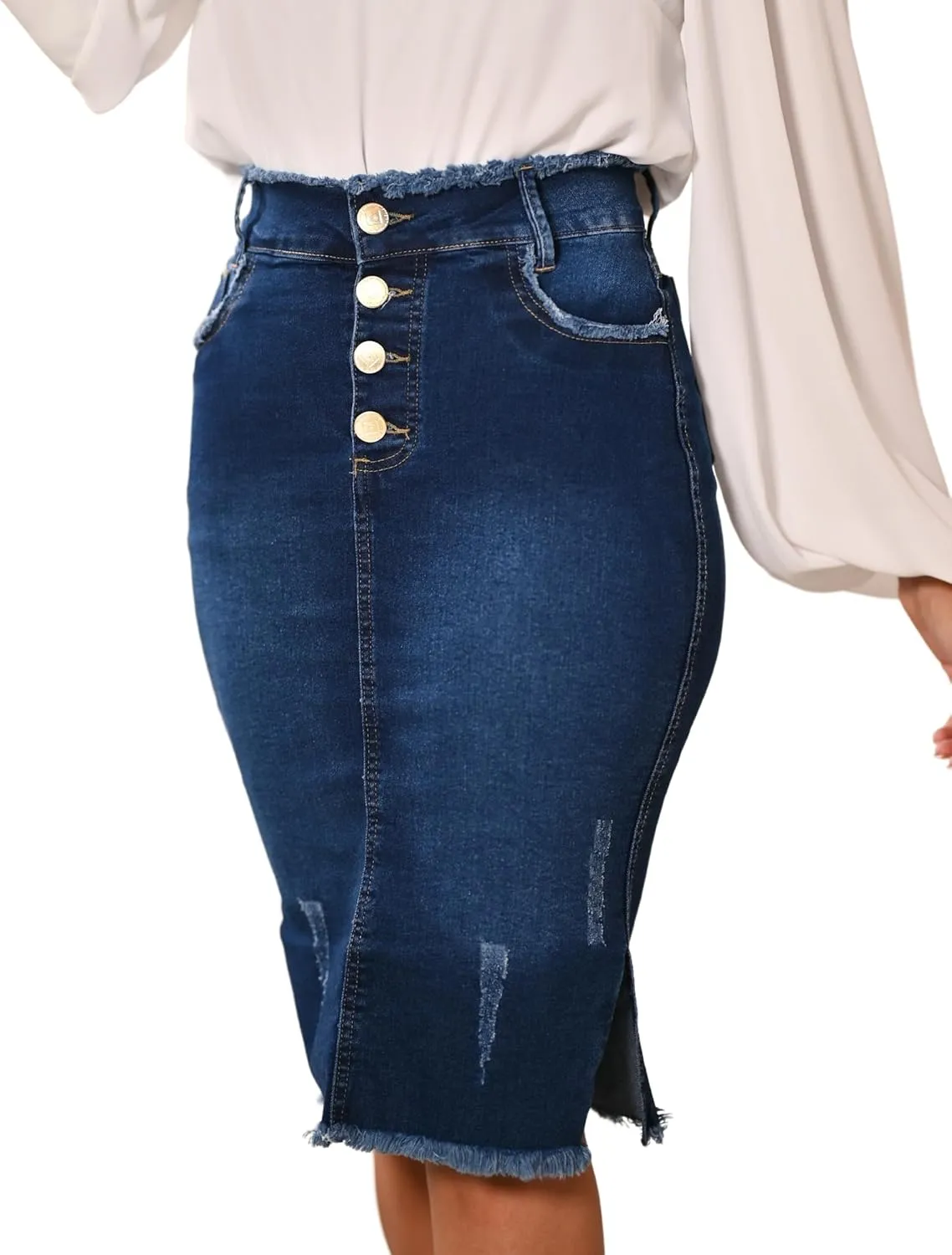 Women's Knee Length Denim Skirt High Stretch Regular and Plus Size