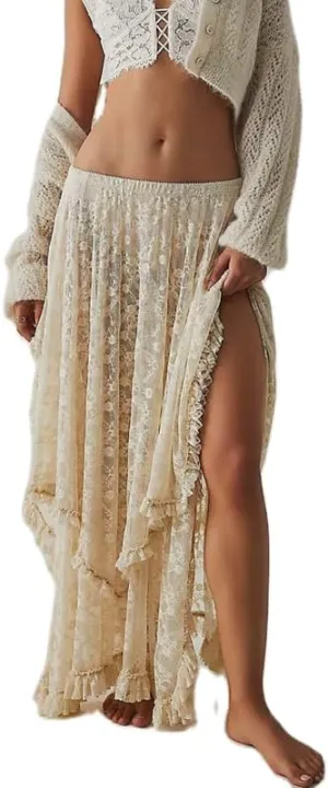 Womens Lace Ruffle Courtship Half Slip Elastic Waist Asymmetrical Hemline Midi Skirts Semi Sheer Layered Maxi Skirts