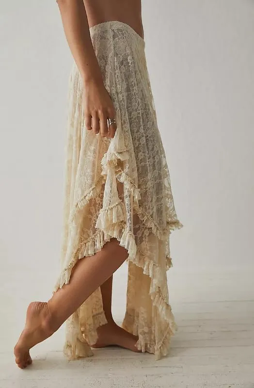 Womens Lace Ruffle Courtship Half Slip Elastic Waist Asymmetrical Hemline Midi Skirts Semi Sheer Layered Maxi Skirts