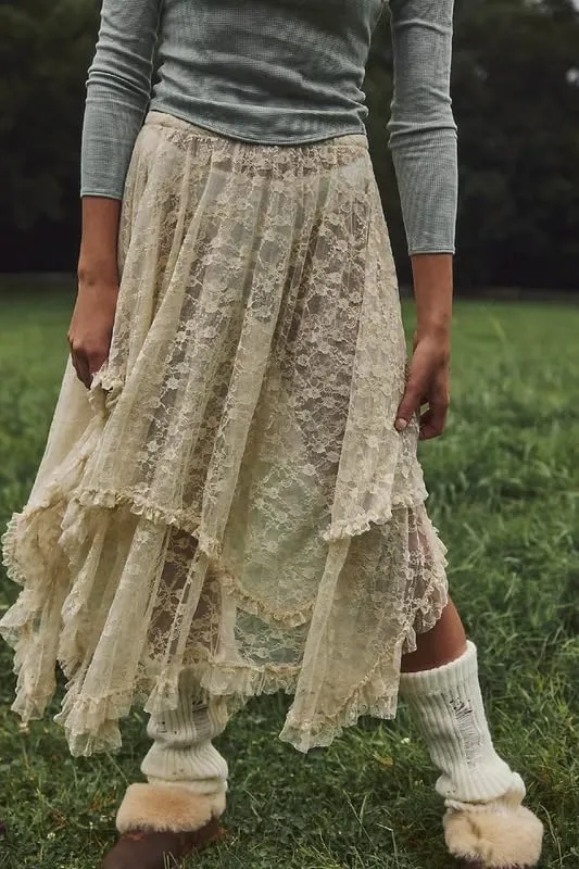 Womens Lace Ruffle Courtship Half Slip Elastic Waist Asymmetrical Hemline Midi Skirts Semi Sheer Layered Maxi Skirts