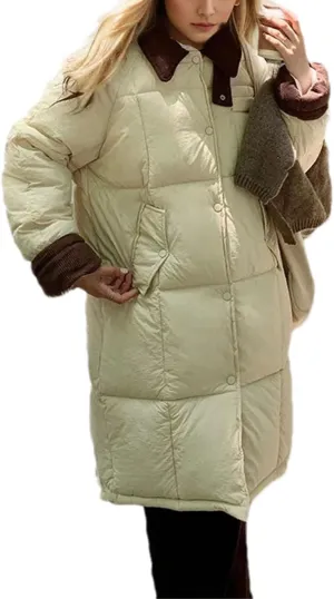 Women's Lapel Contrast Long Parkas Coats Casual Vintage Zipper Cotton-Padded Jacket