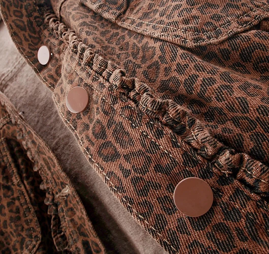 Womens Leopard Print Long Sleeved Denim Jacket Casual Cropped Jean Coats