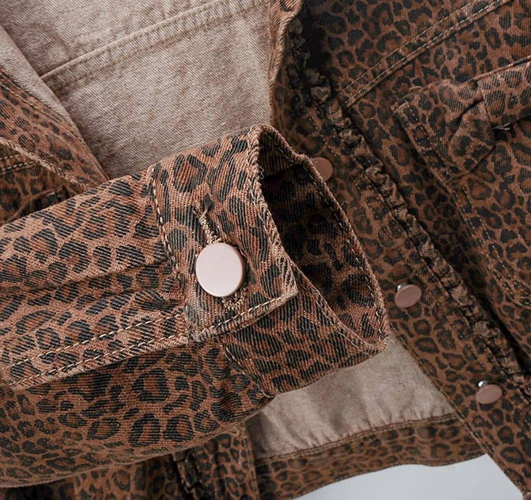 Womens Leopard Print Long Sleeved Denim Jacket Casual Cropped Jean Coats