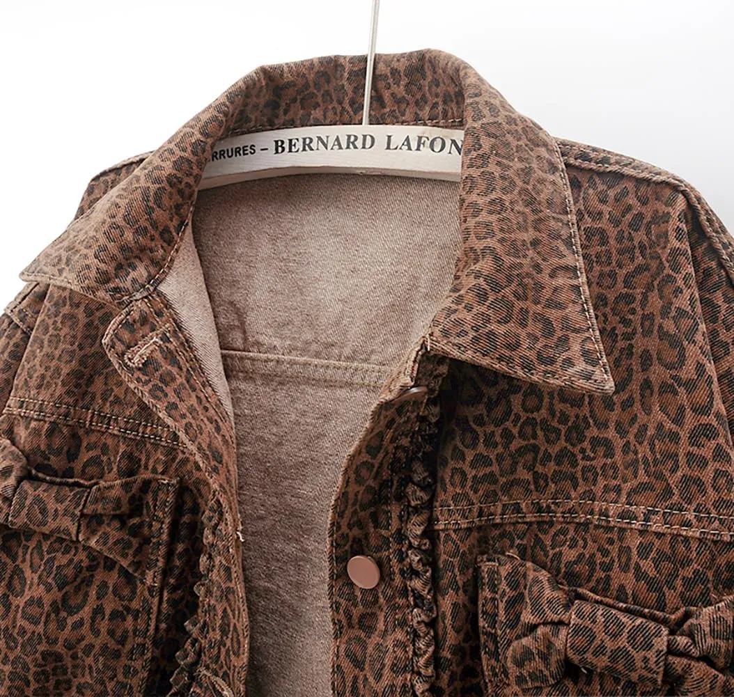 Womens Leopard Print Long Sleeved Denim Jacket Casual Cropped Jean Coats
