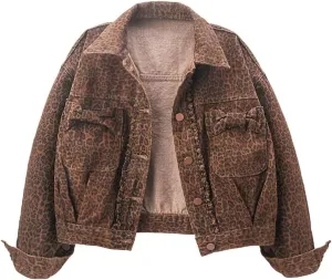 Womens Leopard Print Long Sleeved Denim Jacket Casual Cropped Jean Coats