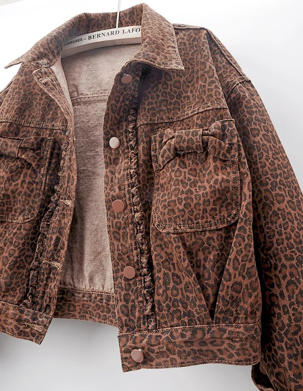Womens Leopard Print Long Sleeved Denim Jacket Casual Cropped Jean Coats