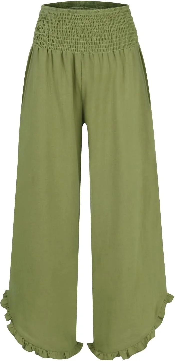 Womens Linen Pants 2025 Summer Wide Leg Elastic High Waist Pants with Pocket Flowy Casual Vocation Beach Trousers