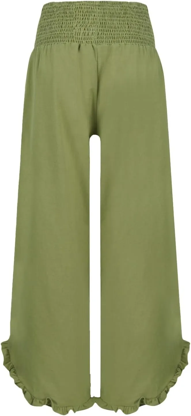 Womens Linen Pants 2025 Summer Wide Leg Elastic High Waist Pants with Pocket Flowy Casual Vocation Beach Trousers