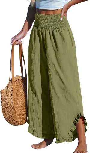 Womens Linen Pants 2025 Summer Wide Leg Elastic High Waist Pants with Pocket Flowy Casual Vocation Beach Trousers