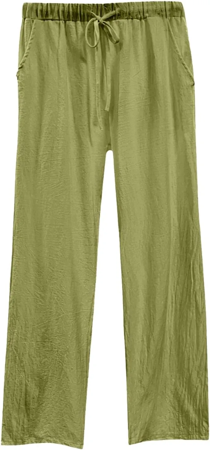Womens Linen Pants Casual High Waist Pant Drawstring Loose Fit Beach Trousers Boho Palazzo Pants with Side Pocket