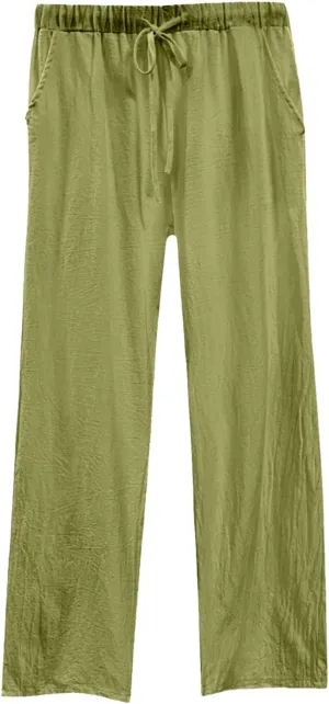 Womens Linen Pants Casual High Waist Pant Drawstring Loose Fit Beach Trousers Boho Palazzo Pants with Side Pocket