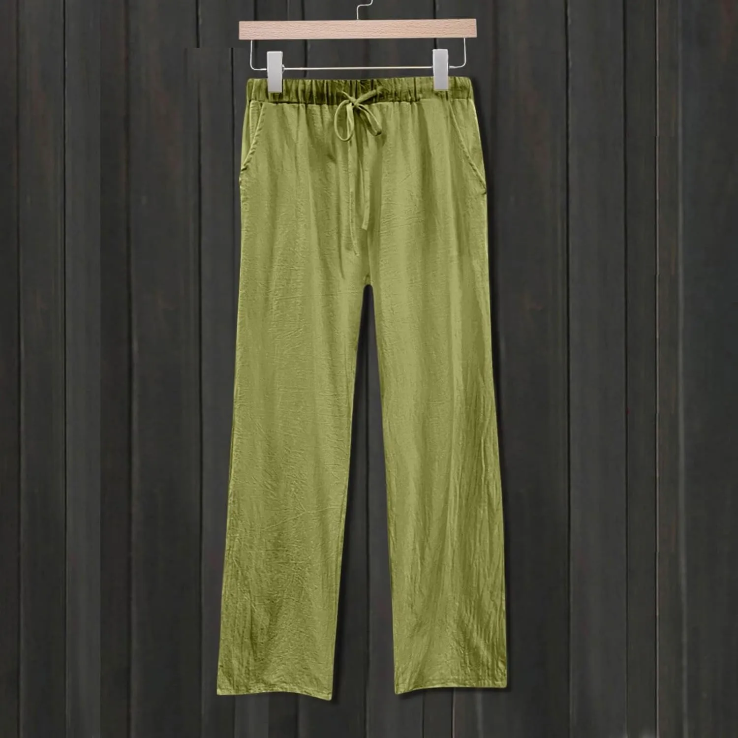 Womens Linen Pants Casual High Waist Pant Drawstring Loose Fit Beach Trousers Boho Palazzo Pants with Side Pocket