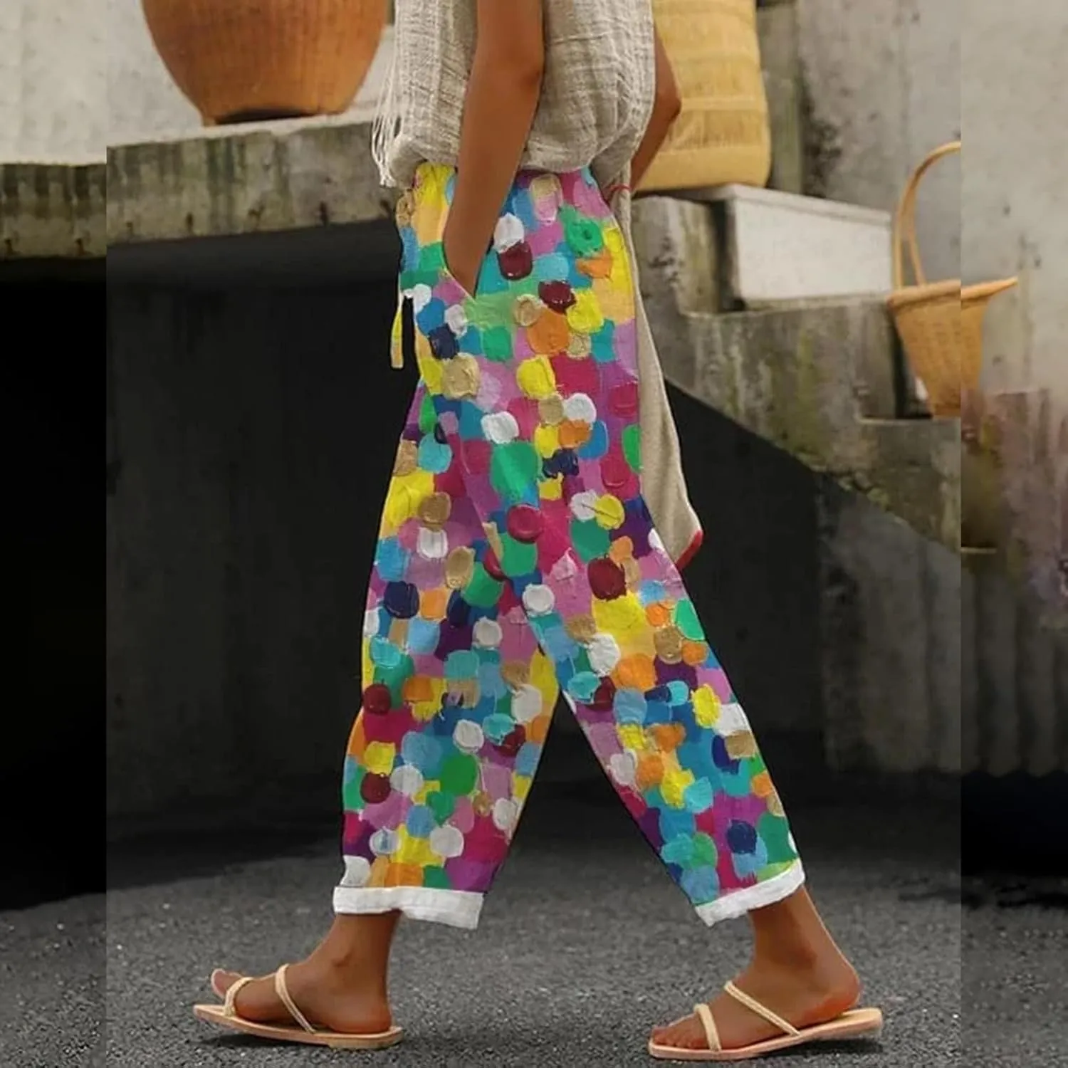 Womens Linen Pants Summer Casual Drawstring Pants Casual Elastic Waist Comfy Trousers Capri Pants for Women Jeggings