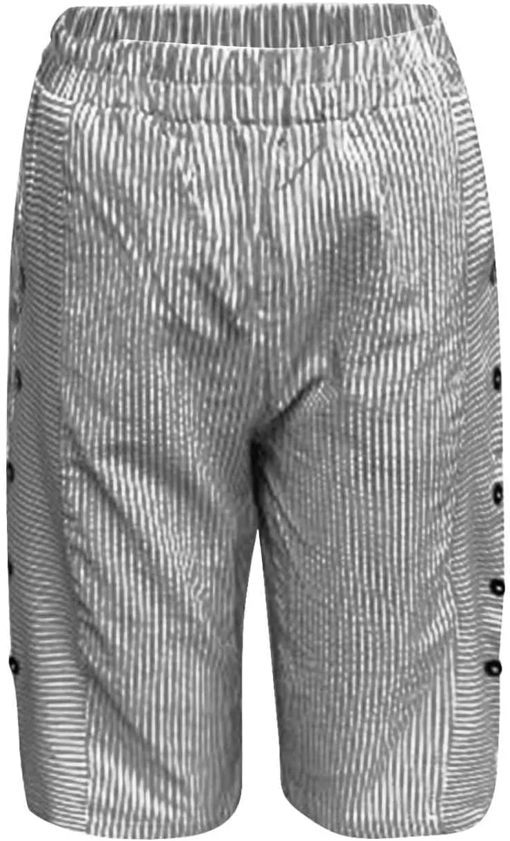 Women's Linen Shorts Trendy Striped Elastic Waist Pants Wide Leg Short Pants Side Button Casual Beach Shorts