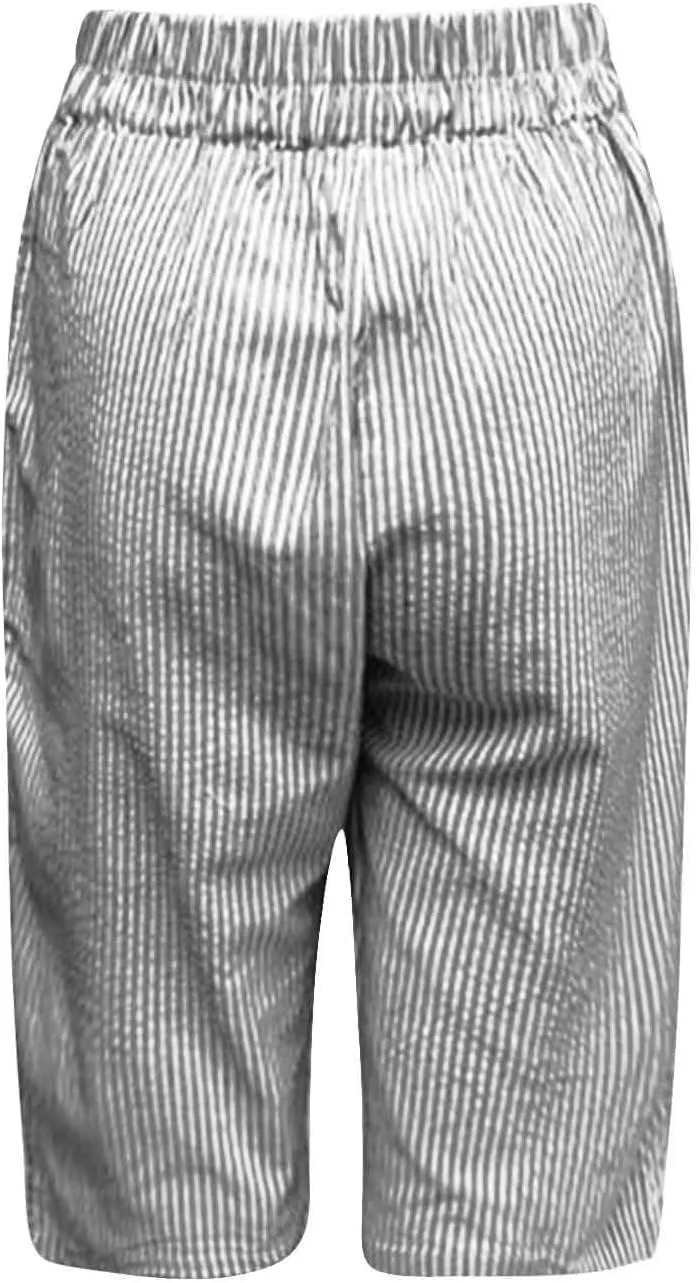 Women's Linen Shorts Trendy Striped Elastic Waist Pants Wide Leg Short Pants Side Button Casual Beach Shorts