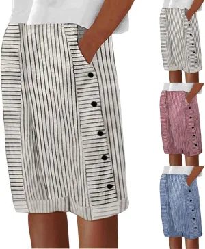 Women's Linen Shorts Trendy Striped Elastic Waist Pants Wide Leg Short Pants Side Button Casual Beach Shorts