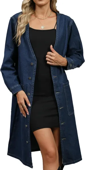 Women's Long Denim Jacket Collarless V-neck Long Sleeve Jean Jackets
