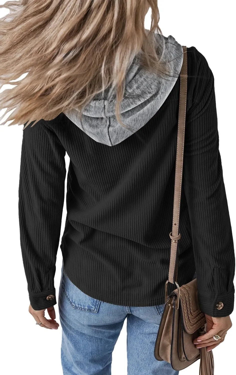 Womens Long Sleeve Button Down Corduroy Shacket Jacket Casual Solid Short Hooded Coats