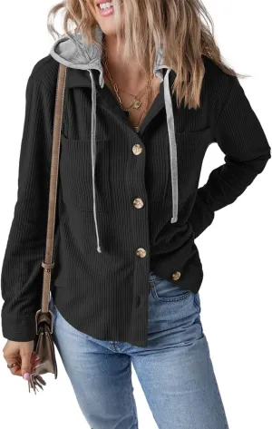 Womens Long Sleeve Button Down Corduroy Shacket Jacket Casual Solid Short Hooded Coats