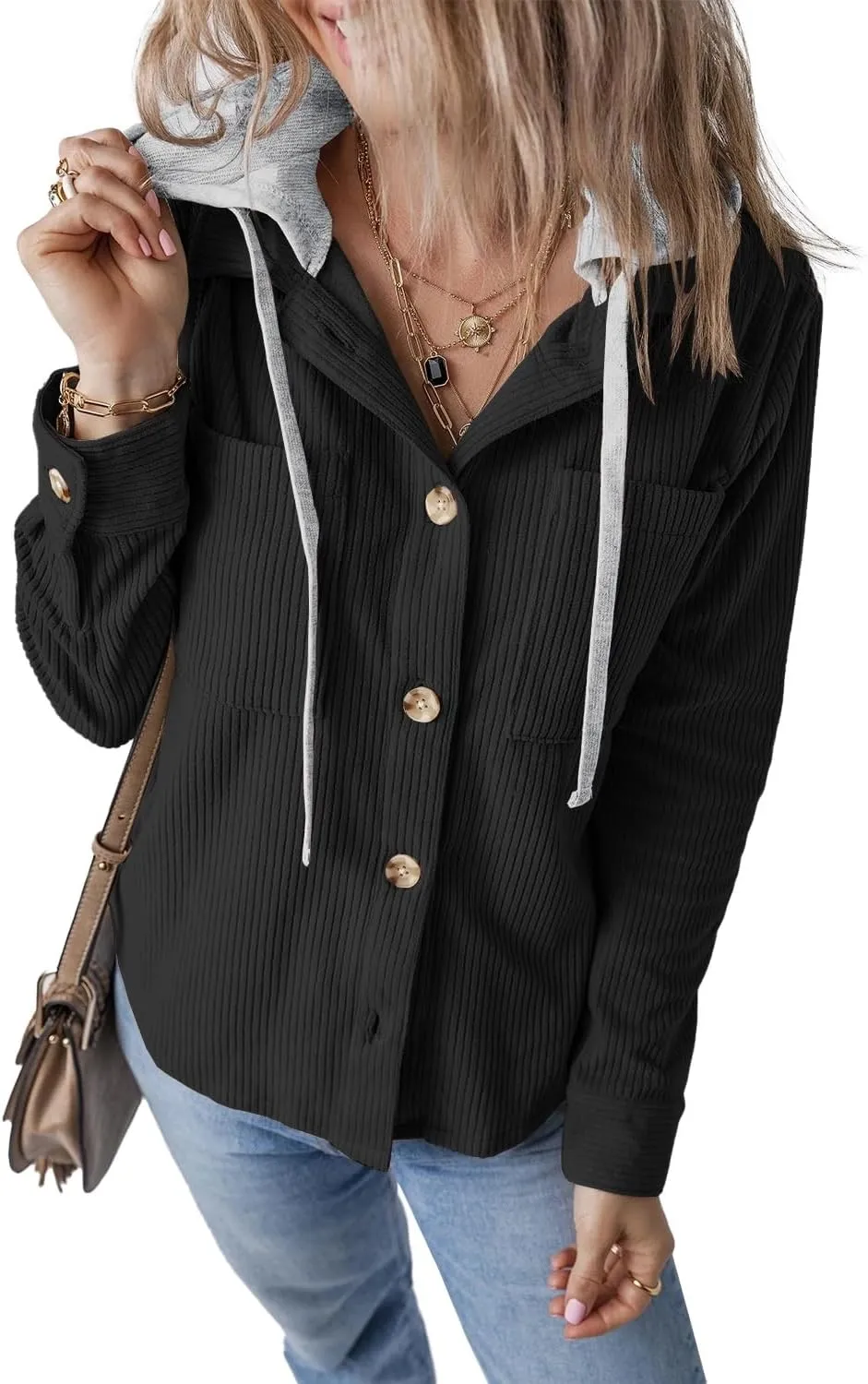 Womens Long Sleeve Button Down Corduroy Shacket Jacket Casual Solid Short Hooded Coats