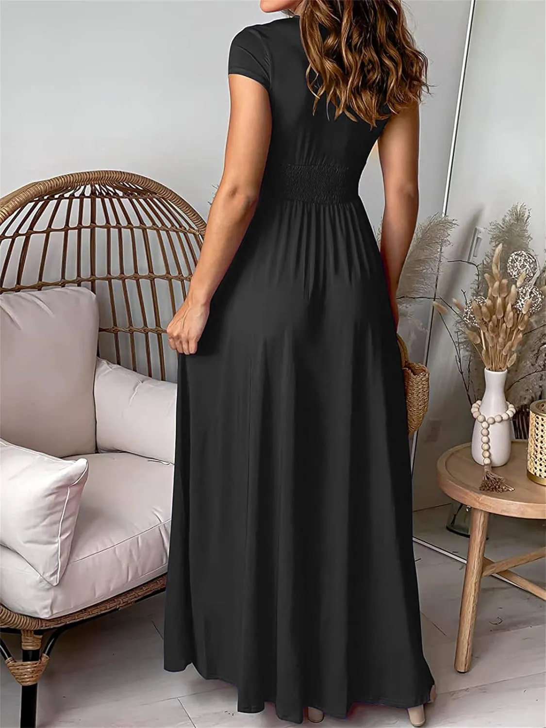 Women's Maxi Dress Deep V-Neck Long Skirt Pleated High Waist Split Dresses Short Sleeve Club Party Evening Dress