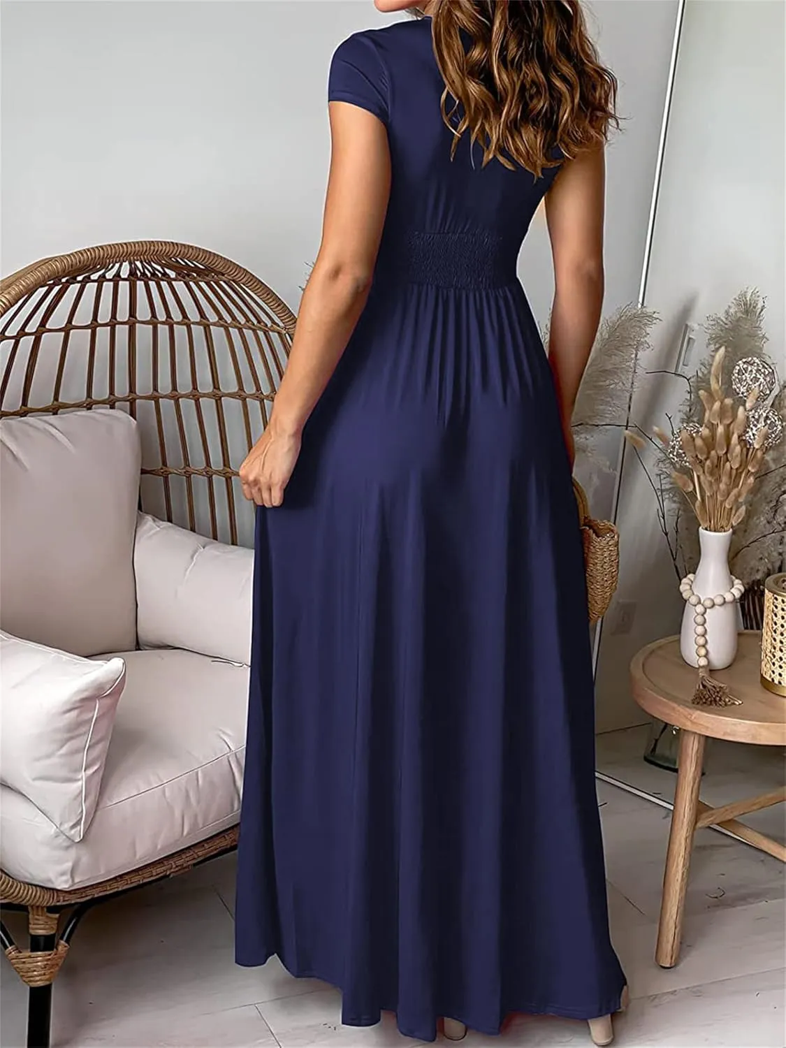 Women's Maxi Dress Deep V-Neck Long Skirt Pleated High Waist Split Dresses Short Sleeve Club Party Evening Dress