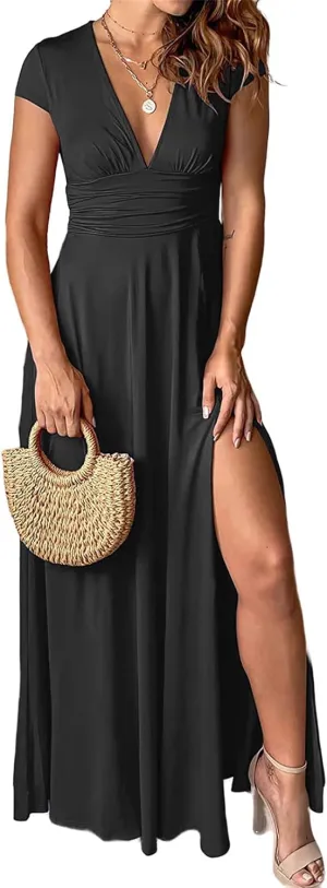 Women's Maxi Dress Deep V-Neck Long Skirt Pleated High Waist Split Dresses Short Sleeve Club Party Evening Dress