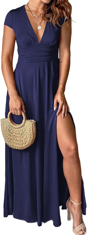 Women's Maxi Dress Deep V-Neck Long Skirt Pleated High Waist Split Dresses Short Sleeve Club Party Evening Dress