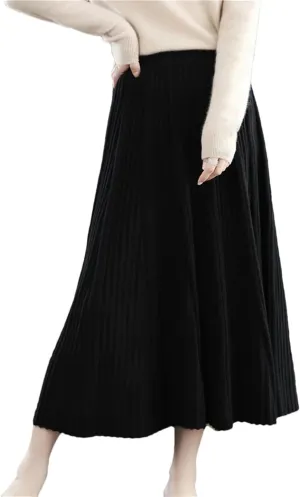 Women's Merino Wool Knit Skirt Pleated Stretch High Waist Solid Color A-Line Midi Skirts