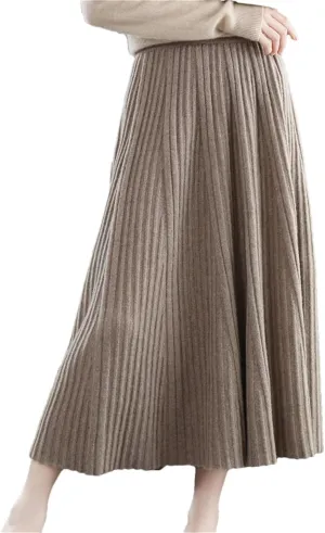 Women's Merino Wool Knit Skirt Pleated Stretch High Waist Solid Color A-Line Midi Skirts