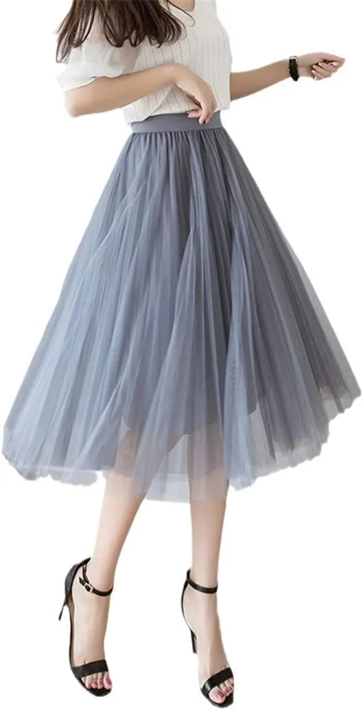 Womens Midi Pleated Skirt, Black Pink Tulle Skirt, Spring Summer Korean Elastic High Waist Mesh Tutu Skirt
