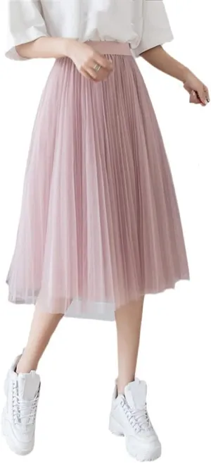Womens Midi Pleated Skirt, Black Pink Tulle Skirt, Spring Summer Korean Elastic High Waist Mesh Tutu Skirt