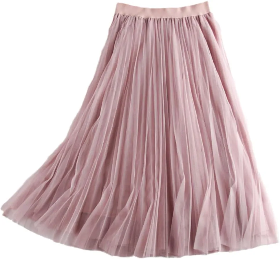 Womens Midi Pleated Skirt, Black Pink Tulle Skirt, Spring Summer Korean Elastic High Waist Mesh Tutu Skirt