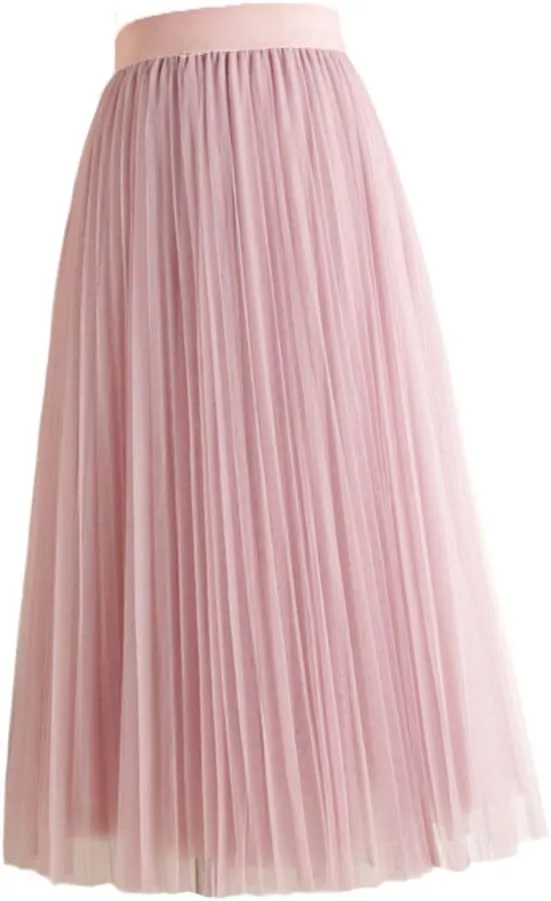 Womens Midi Pleated Skirt, Black Pink Tulle Skirt, Spring Summer Korean Elastic High Waist Mesh Tutu Skirt