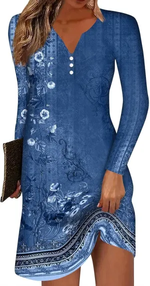Women's Mini Dress Casual 2024 Vintage Floral Print V-Neck Button Down Dress Long Sleeve Flowy Fall Short Tunic Dress