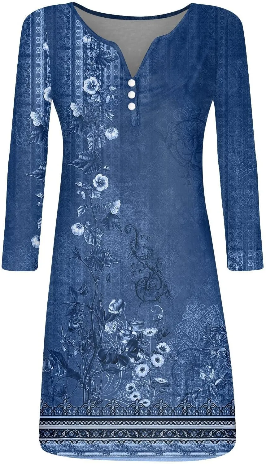 Women's Mini Dress Casual 2024 Vintage Floral Print V-Neck Button Down Dress Long Sleeve Flowy Fall Short Tunic Dress