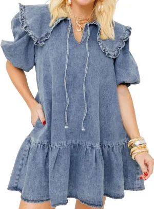 Womens Peter Pan Collar Denim Mini Dress Summer Casual Puff Sleeves Ruffle Flowy Babydoll A-Line Dress