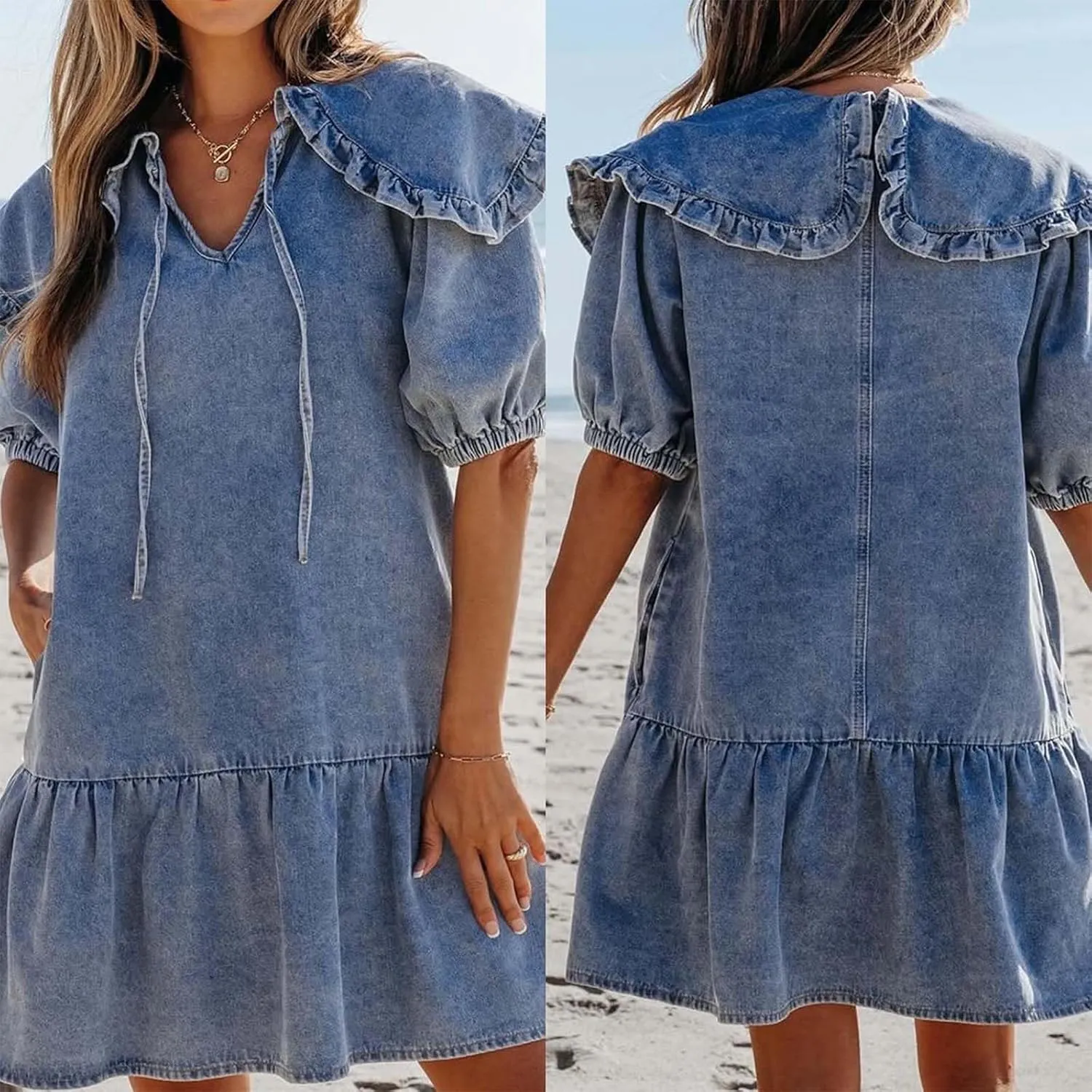 Womens Peter Pan Collar Denim Mini Dress Summer Casual Puff Sleeves Ruffle Flowy Babydoll A-Line Dress