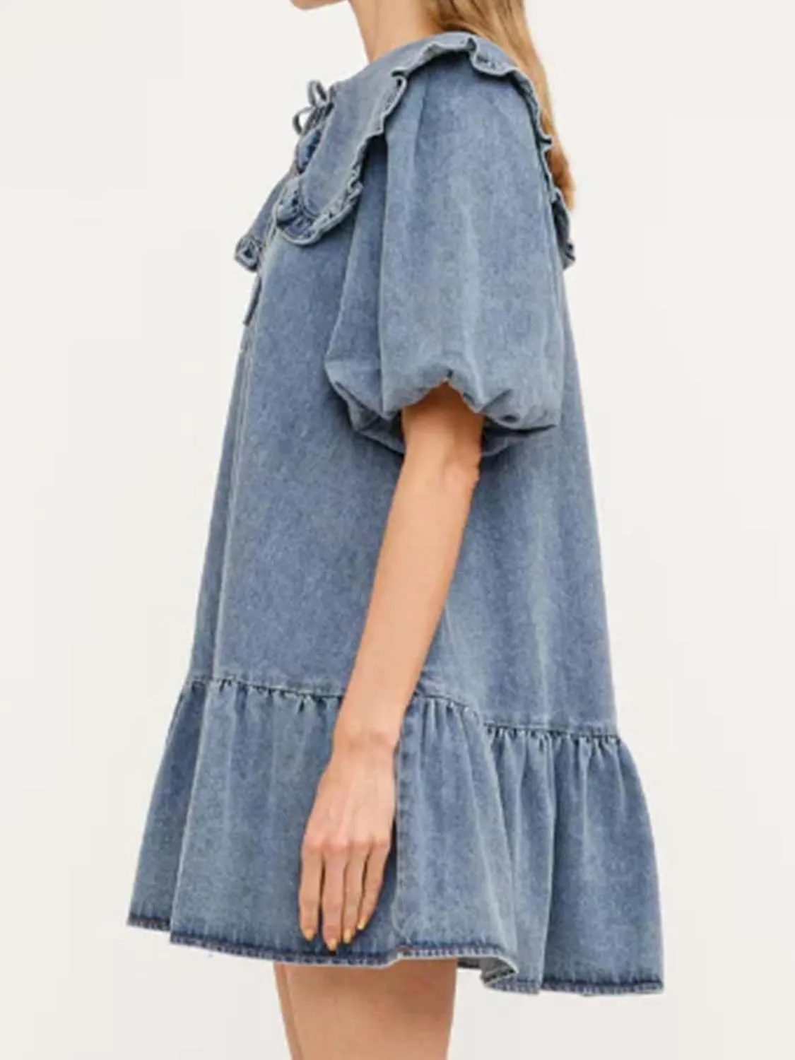 Womens Peter Pan Collar Denim Mini Dress Summer Casual Puff Sleeves Ruffle Flowy Babydoll A-Line Dress
