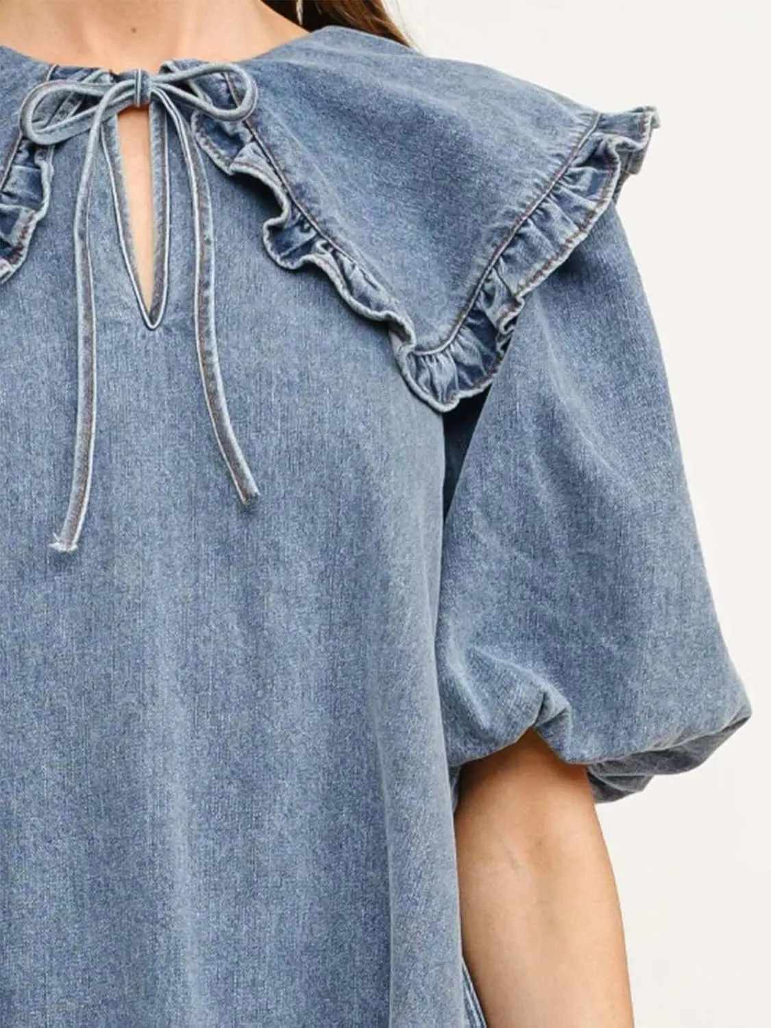 Womens Peter Pan Collar Denim Mini Dress Summer Casual Puff Sleeves Ruffle Flowy Babydoll A-Line Dress
