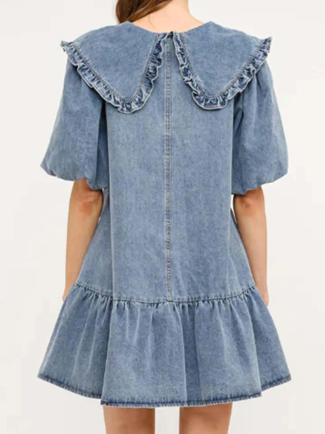 Womens Peter Pan Collar Denim Mini Dress Summer Casual Puff Sleeves Ruffle Flowy Babydoll A-Line Dress