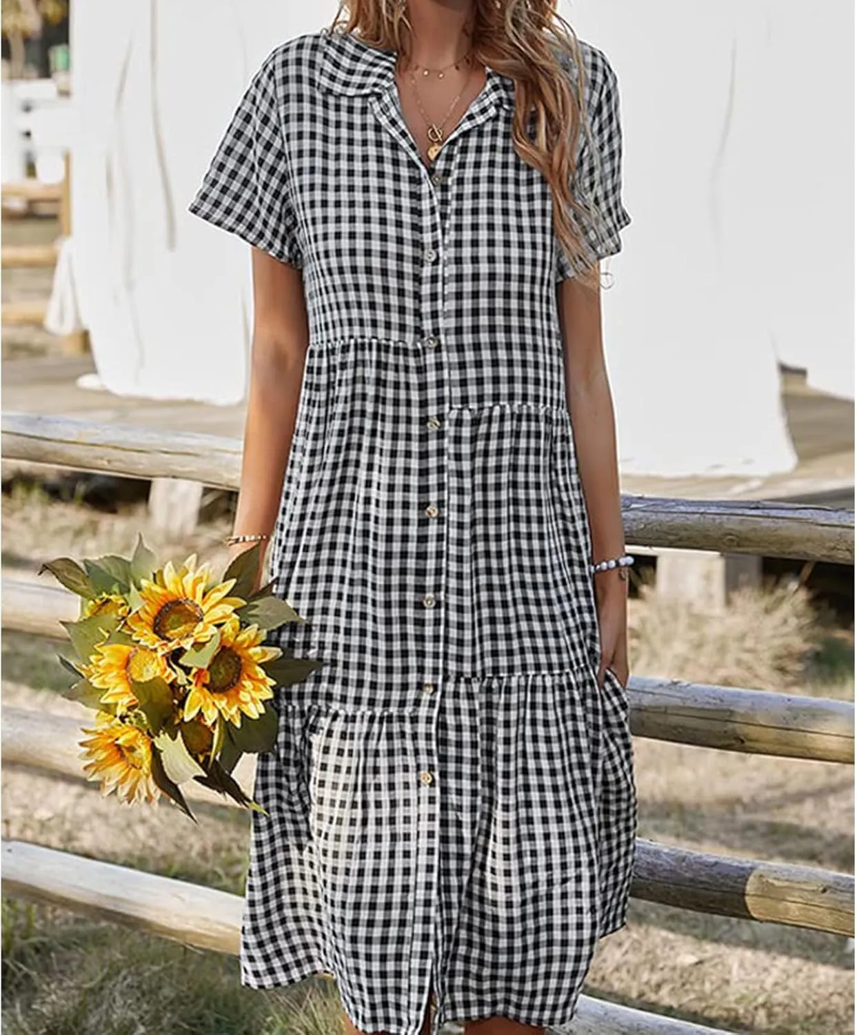 Women's Plaid Dress Summer Causal Comfy Pleated Skirts Shirt Collar Button Short-Sleeved Business Loose midi Dresses