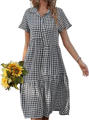 Women's Plaid Dress Summer Causal Comfy Pleated Skirts Shirt Collar Button Short-Sleeved Business Loose midi Dresses