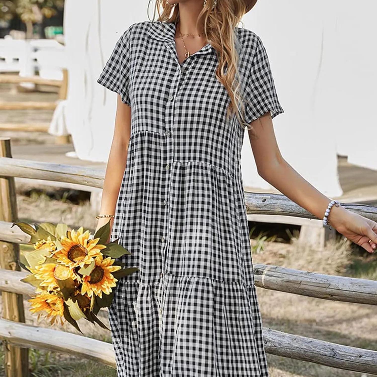 Women's Plaid Dress Summer Causal Comfy Pleated Skirts Shirt Collar Button Short-Sleeved Business Loose midi Dresses