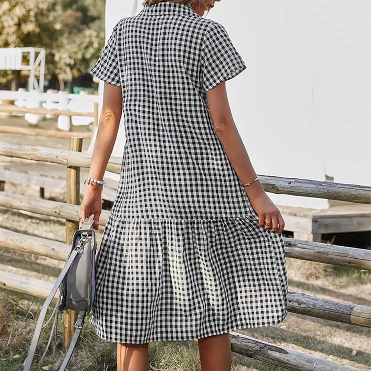 Women's Plaid Dress Summer Causal Comfy Pleated Skirts Shirt Collar Button Short-Sleeved Business Loose midi Dresses
